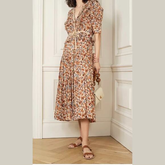 Ulla Johnson Dress Midi Wrap Orange Blue Ruffle Pleated Knit Trim Lisette US 4 - Picture 12 of 13